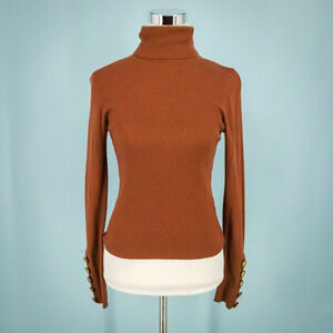ALC Size Medum M Desi Brown Ribbed Turtleneck Button Merino Wool Sweater